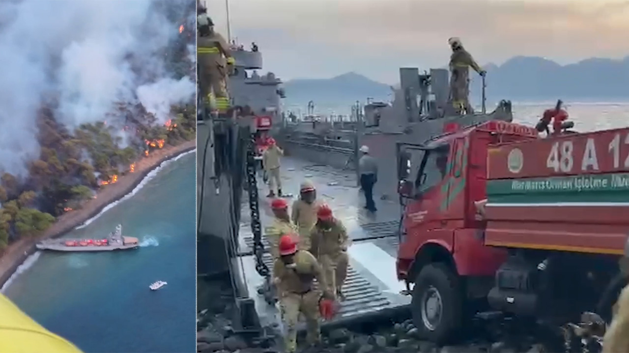 Marmaris'te Orman Yangını: Arazözleri Çıkarma Gemileri Taşıdı