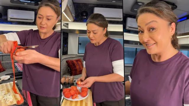 Nurgül Yeşilçay sette menemen yaptı